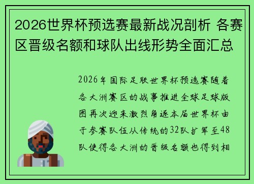 2026世界杯预选赛最新战况剖析 各赛区晋级名额和球队出线形势全面汇总